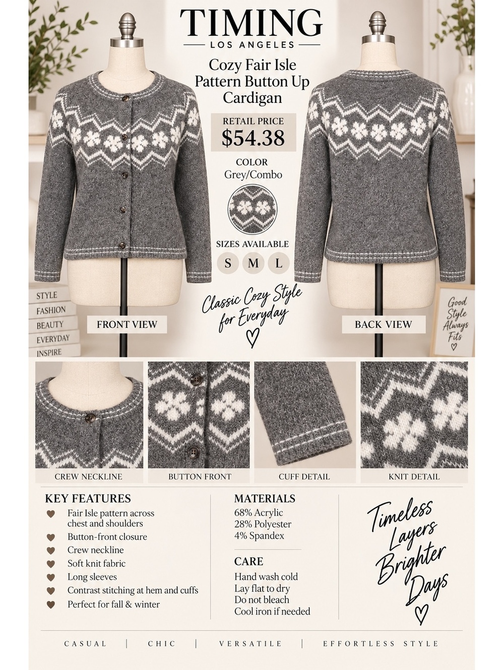 TIMING LOS ANGELES Cozy Fair Isle Pattern Button Up Cardigan